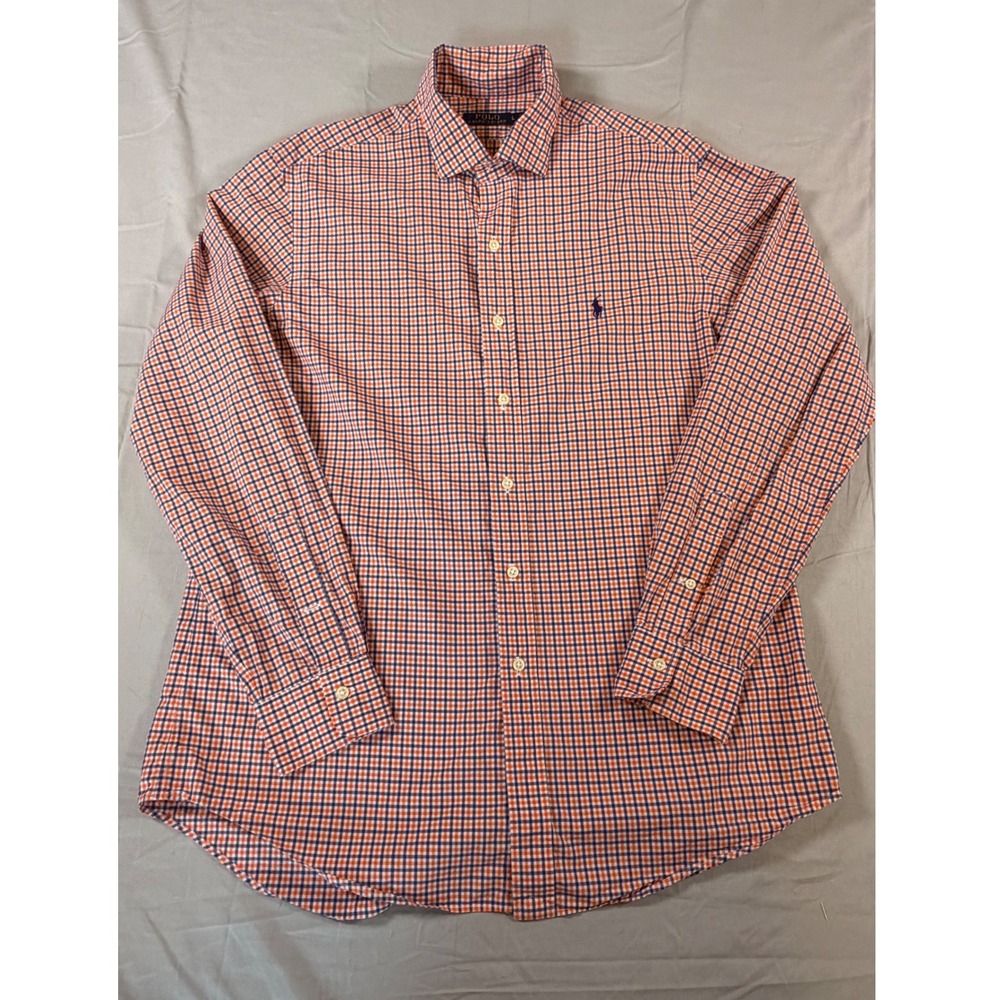 Polo Ralph Lauren Mens Large Orange Navy Gingham Check Cotton Button Down Shirt